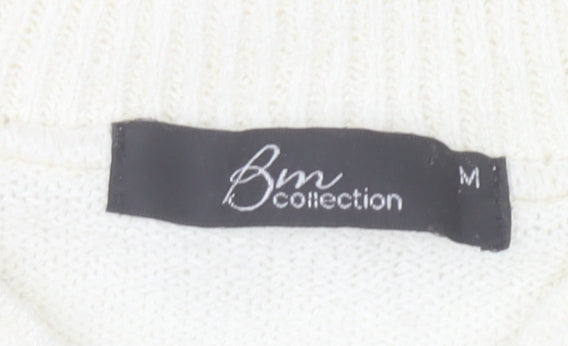 Bm Collection Women Beige Striped High Neck Short Sleeve Wool Jumper M