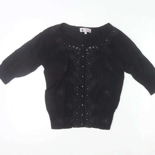 Be Beau Women's Black Beaded Cardigan Size 10 Scoop Neck Knitwear