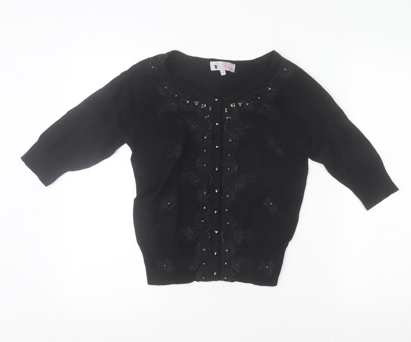 Be Beau Women's Black Beaded Cardigan Size 10 Scoop Neck Knitwear