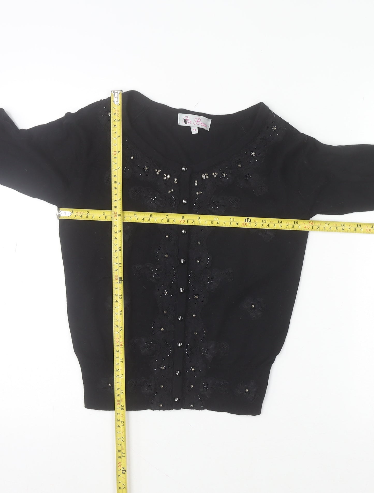 Be Beau Women's Black Beaded Cardigan Size 10 Scoop Neck Knitwear