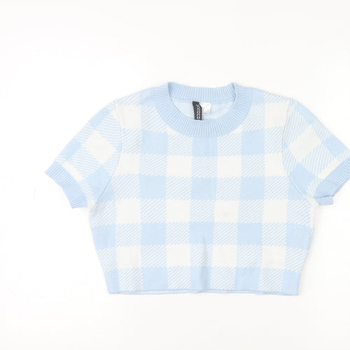 H&M Women Blue Check Knit Short Sleeve Pullover Jumper Size 12