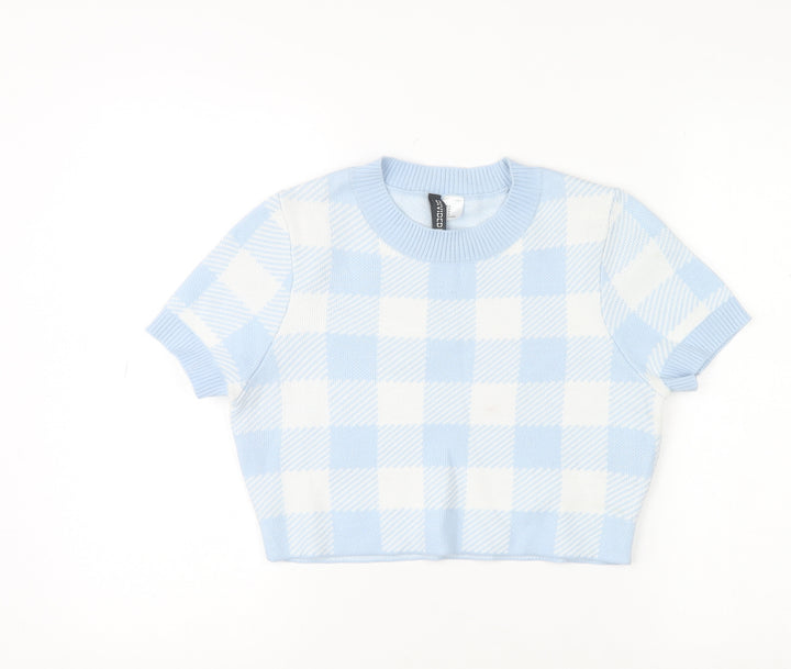 H&M Women Blue Check Knit Short Sleeve Pullover Jumper Size 12