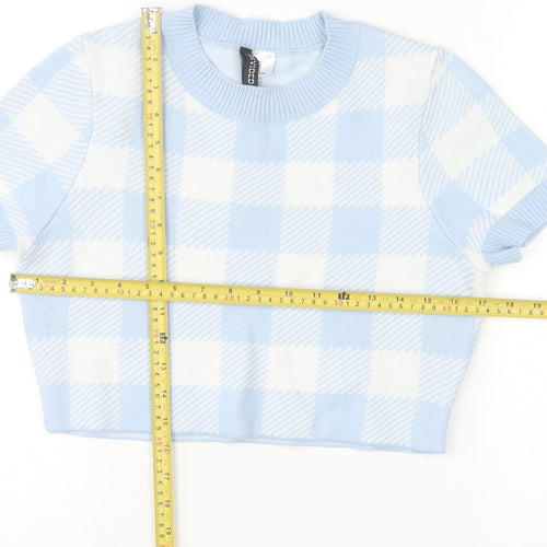 H&M Women Blue Check Knit Short Sleeve Pullover Jumper Size 12