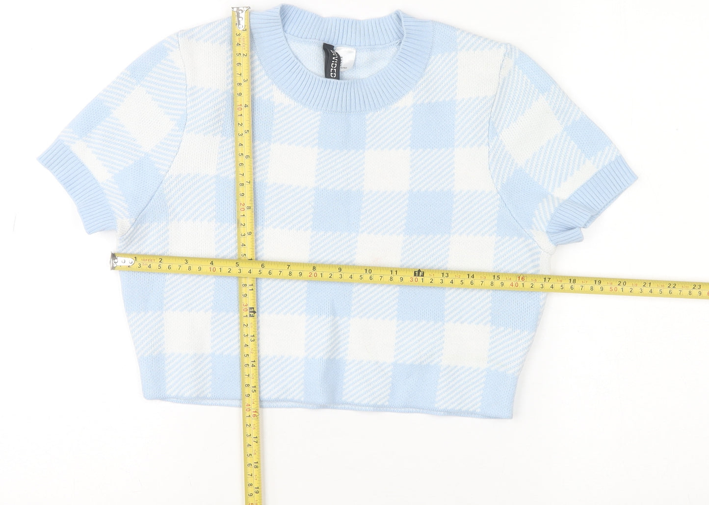 H&M Women Blue Check Knit Short Sleeve Pullover Jumper Size 12