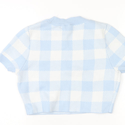 H&M Women Blue Check Knit Short Sleeve Pullover Jumper Size 12