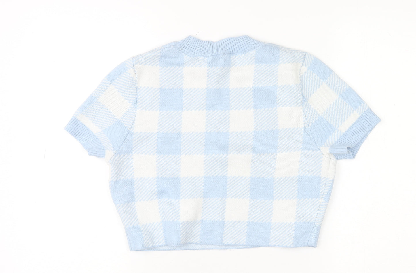 H&M Women Blue Check Knit Short Sleeve Pullover Jumper Size 12