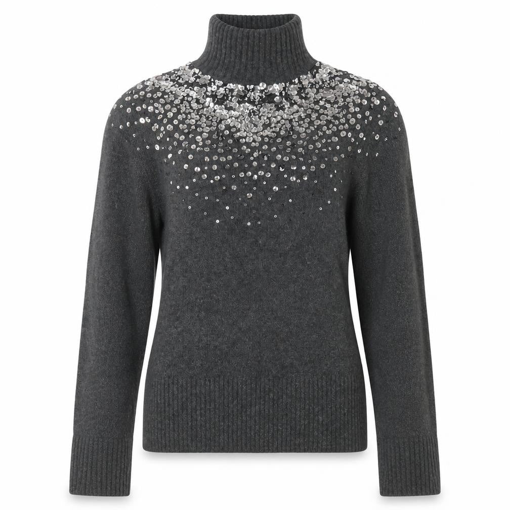 Front view of River Island Women’s Grey Sequin Roll Neck Jumper, size UK 8