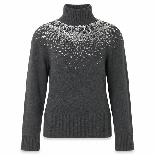 Front view of River Island Women’s Grey Sequin Roll Neck Jumper, size UK 8