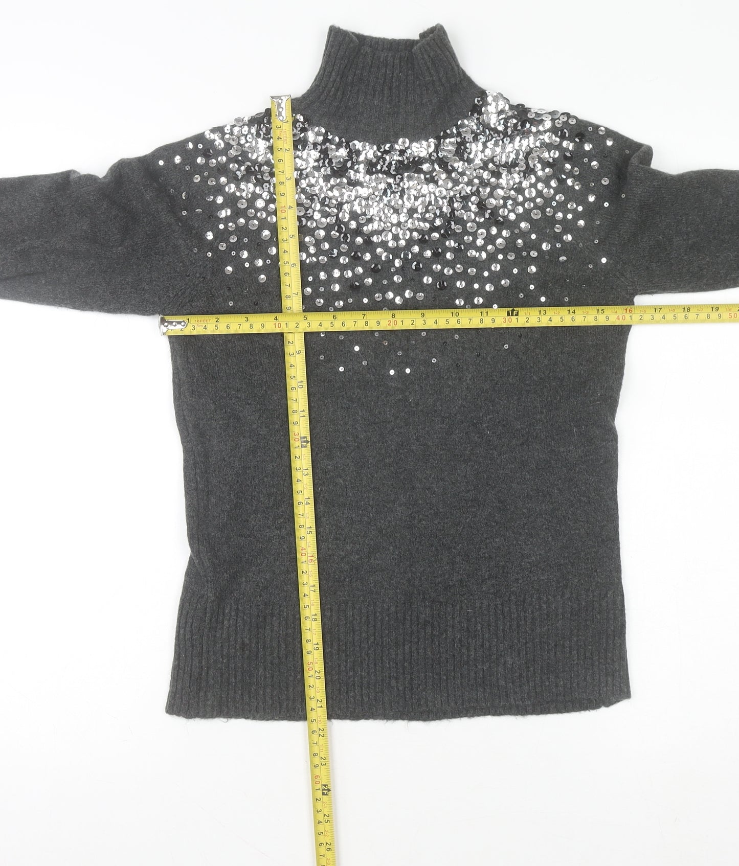 River Island Women’s Grey Sequin Roll Neck Jumper Size 8