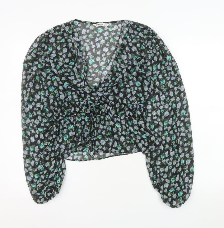 Stradivarius Women's Black Floral Chiffon Blouse Size 12