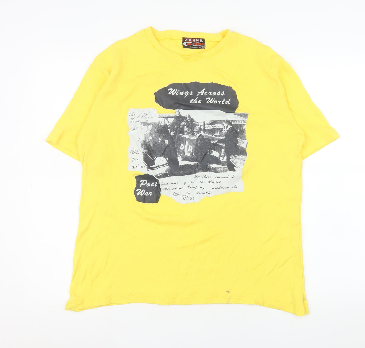 John & Rose Men’s Yellow Graphic Post War T-Shirt L Short Sleeve Cotton