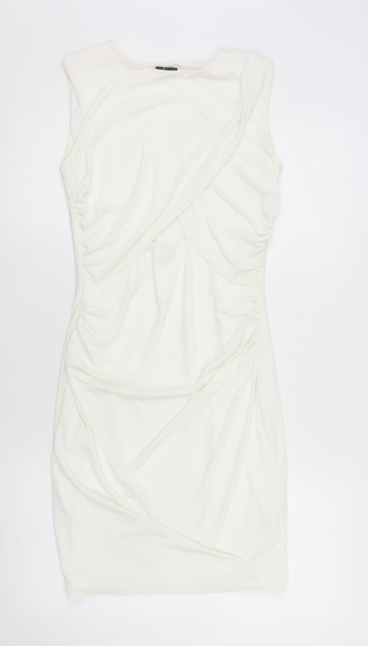 River Island Women Ivory Bodycon Dress Size 10 Sleeveless Ruched Stretch