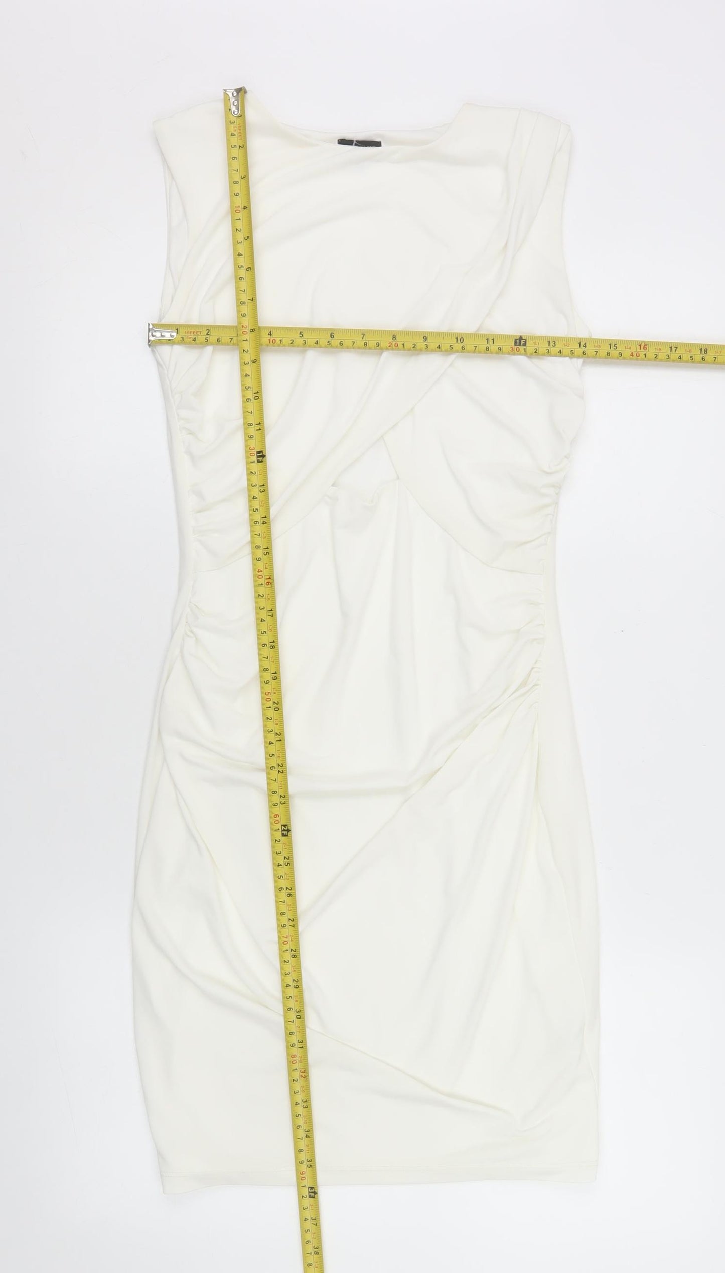 River Island Women Ivory Bodycon Dress Size 10 Sleeveless Ruched Stretch