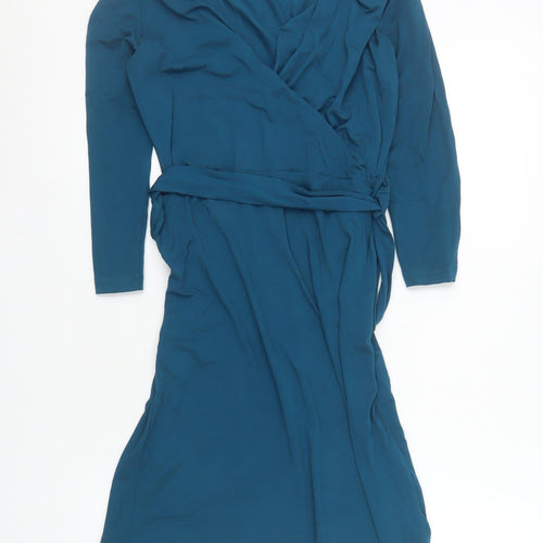 Warehouse Women's Blue Wrap Dress Size 10 Long Sleeve Viscose Stretch