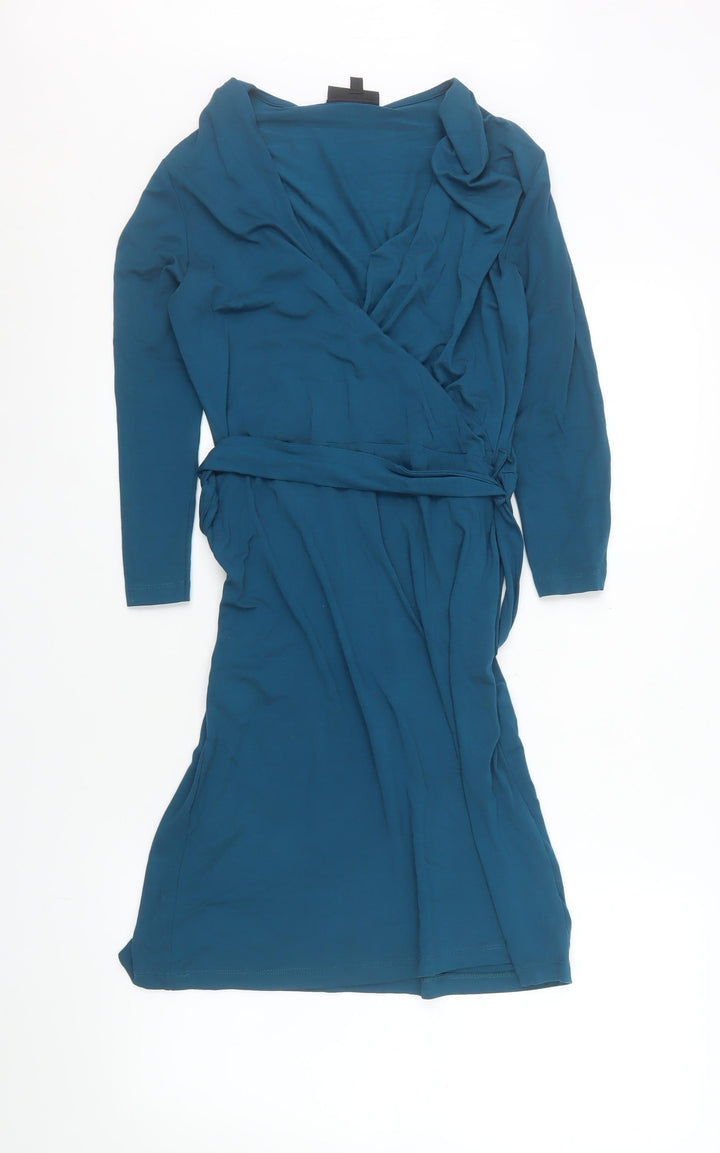 Warehouse Women's Blue Wrap Dress Size 10 Long Sleeve Viscose Stretch