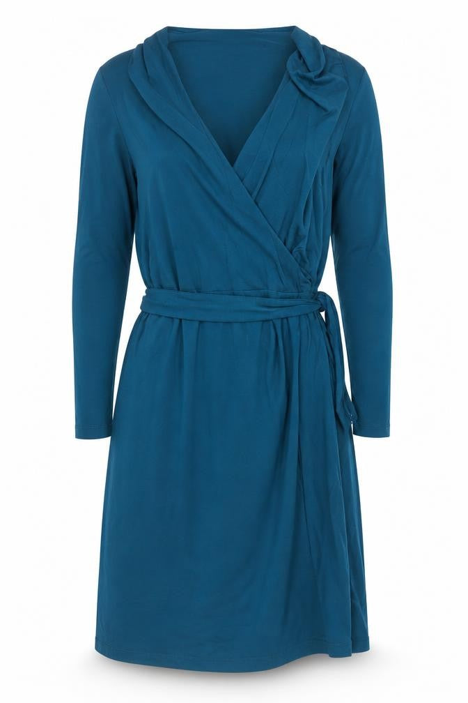 Front view of Warehouse Women's Blue Wrap Dress, size 10, Long Sleeve Viscose Stretch