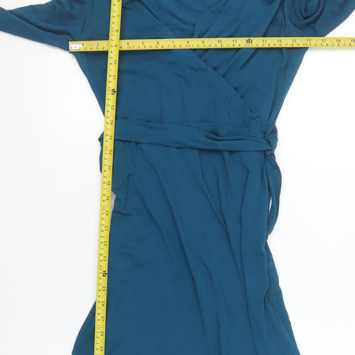 Warehouse Women's Blue Wrap Dress Size 10 Long Sleeve Viscose Stretch