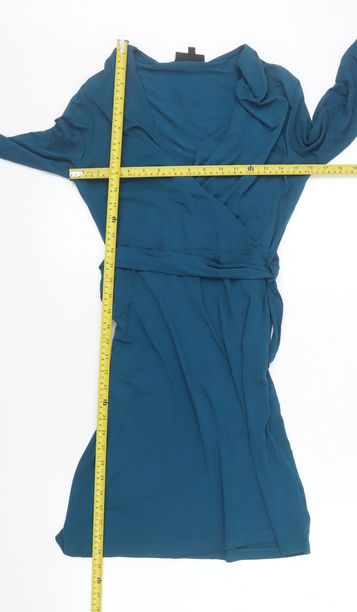 Warehouse Women's Blue Wrap Dress Size 10 Long Sleeve Viscose Stretch