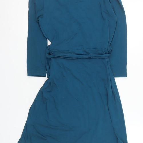 Warehouse Women's Blue Wrap Dress Size 10 Long Sleeve Viscose Stretch