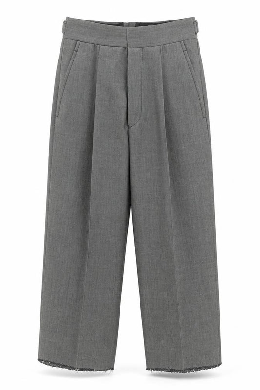 Front view of Torre boys’ grey dress pants 20r wool blend formal trousers with belted waist