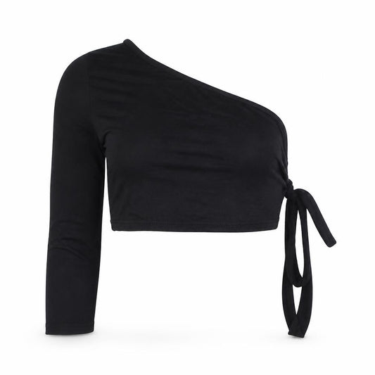 Front view of PRETTYLITTLETHING Women's Black One Shoulder Cropped Top, size 12