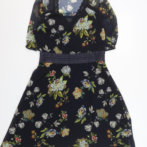 Rowen Avenue Womens Black Floral A-Line Chiffon Dress Size 10