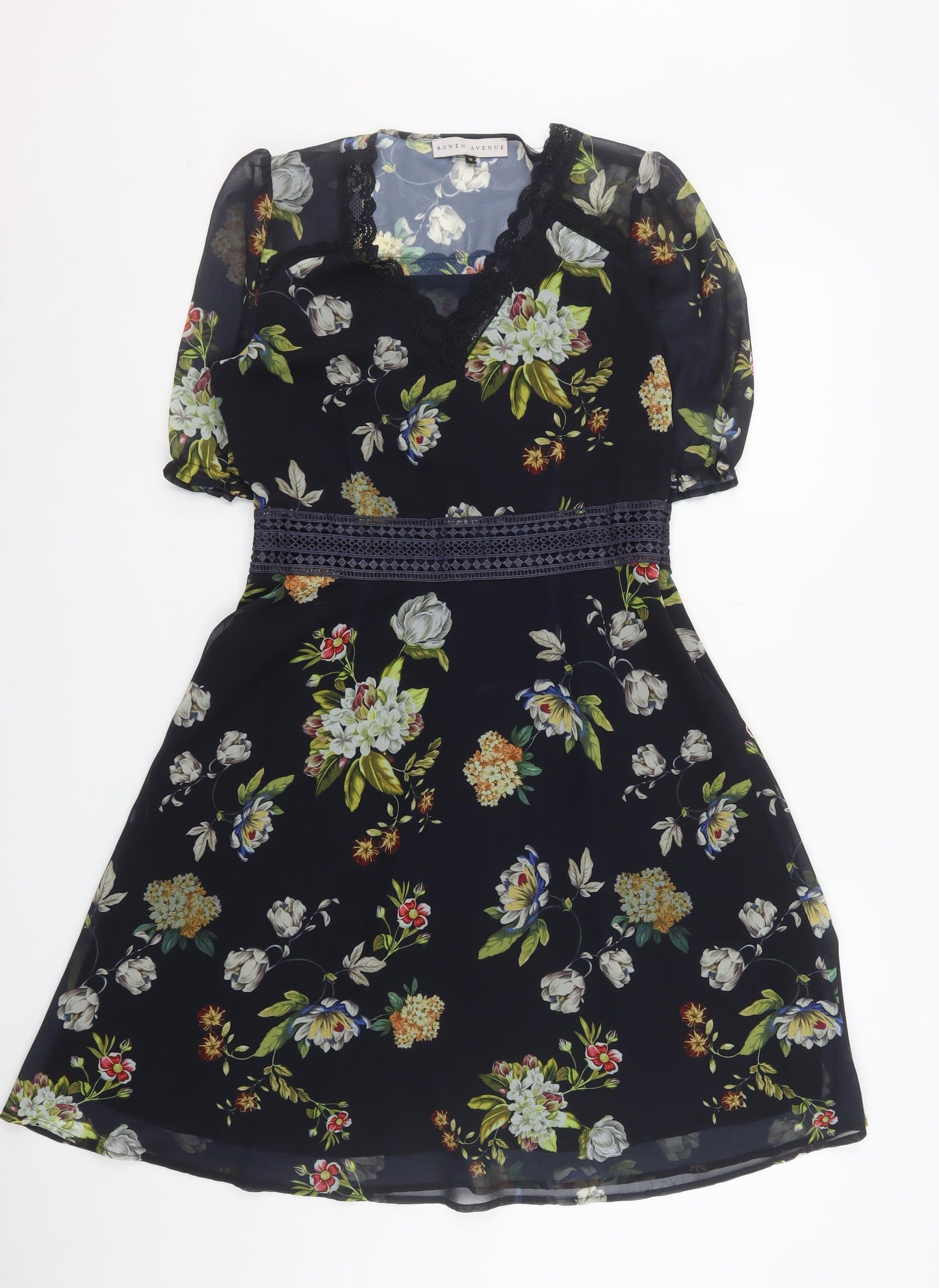 Rowen Avenue Womens Black Floral A-Line Chiffon Dress Size 10