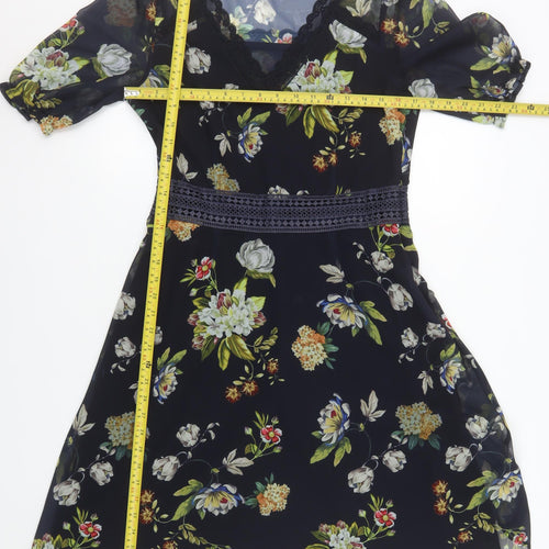Rowen Avenue Womens Black Floral A-Line Chiffon Dress Size 10