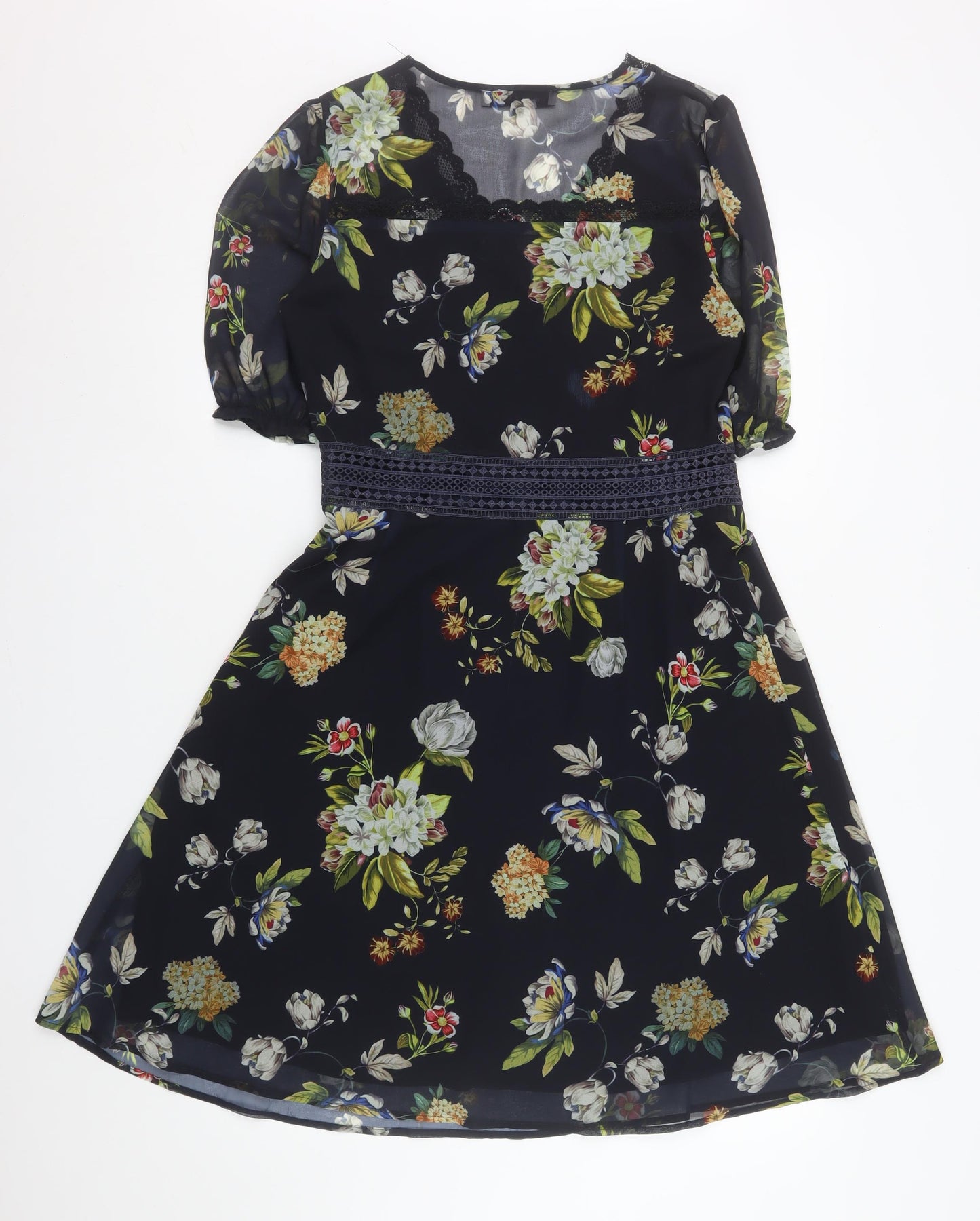Rowen Avenue Womens Black Floral A-Line Chiffon Dress Size 10