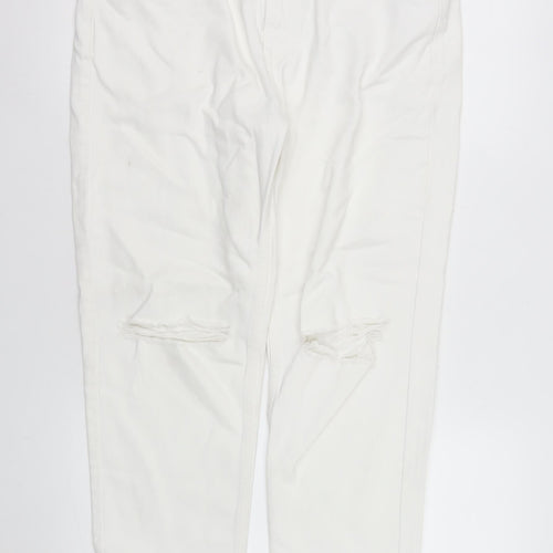 Pull & Bear Women White Mom Jeans Size 14 Distressed Denim High Rise