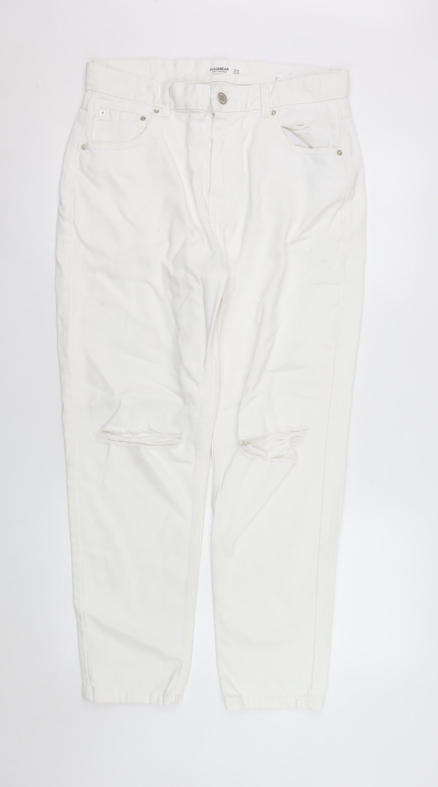 Pull & Bear Women White Mom Jeans Size 14 Distressed Denim High Rise