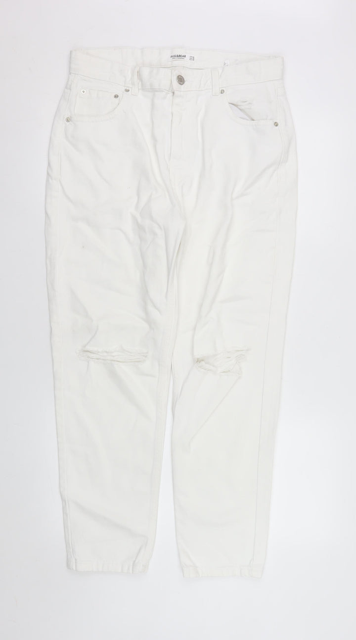 Pull & Bear Women White Mom Jeans Size 14 Distressed Denim High Rise