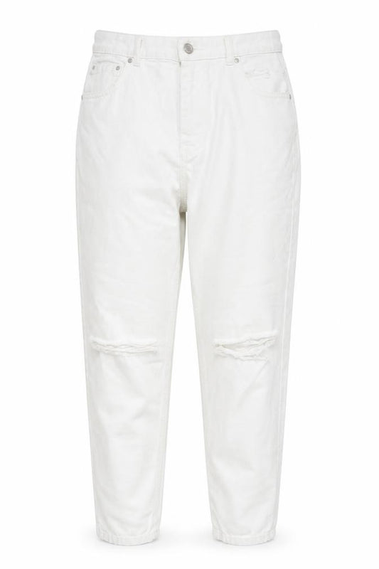 Front view of Pull&Bear Women White Mom Jeans, size 14, Distressed Denim High Rise