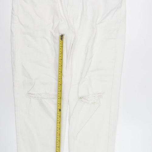 Pull & Bear Women White Mom Jeans Size 14 Distressed Denim High Rise