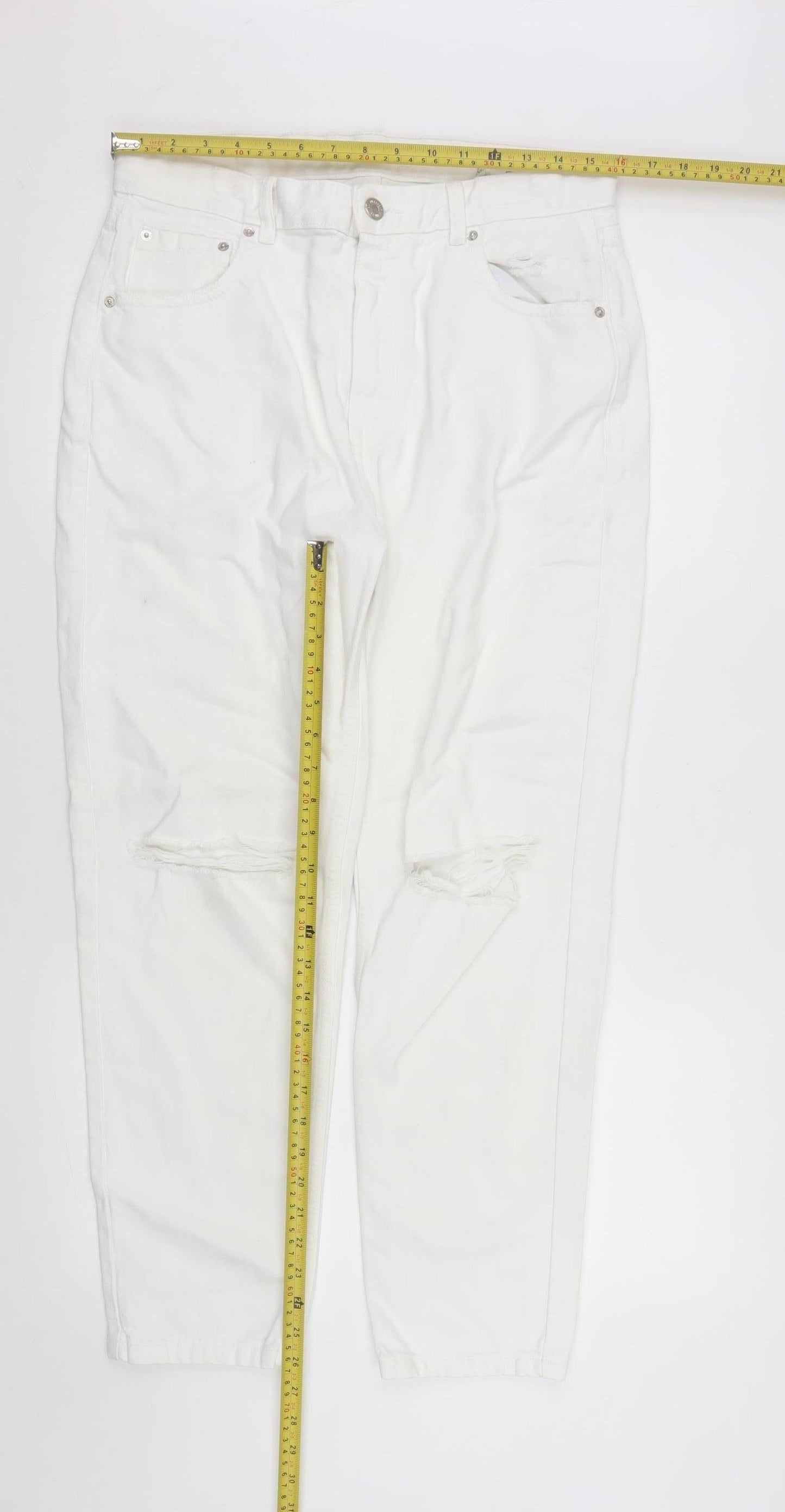 Pull & Bear Women White Mom Jeans Size 14 Distressed Denim High Rise