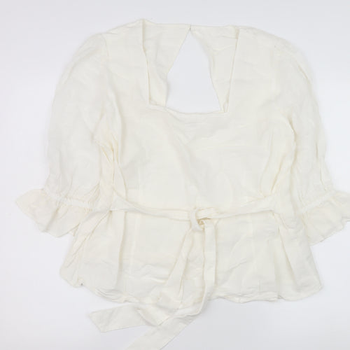 Monsoon Women Ivory Linen Blend Wrap Blouse L 3/4 Sleeve