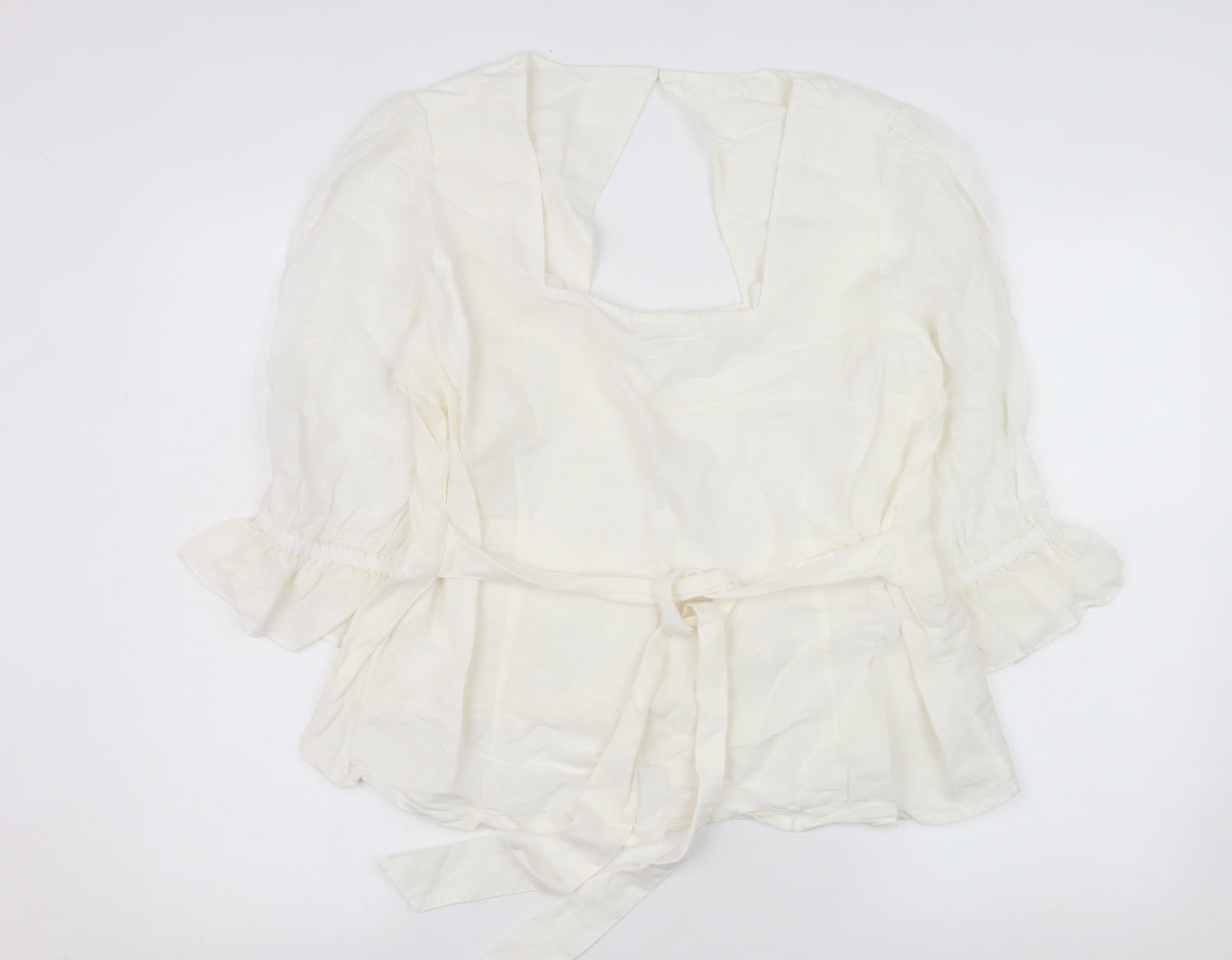 Monsoon Women Ivory Linen Blend Wrap Blouse L 3/4 Sleeve