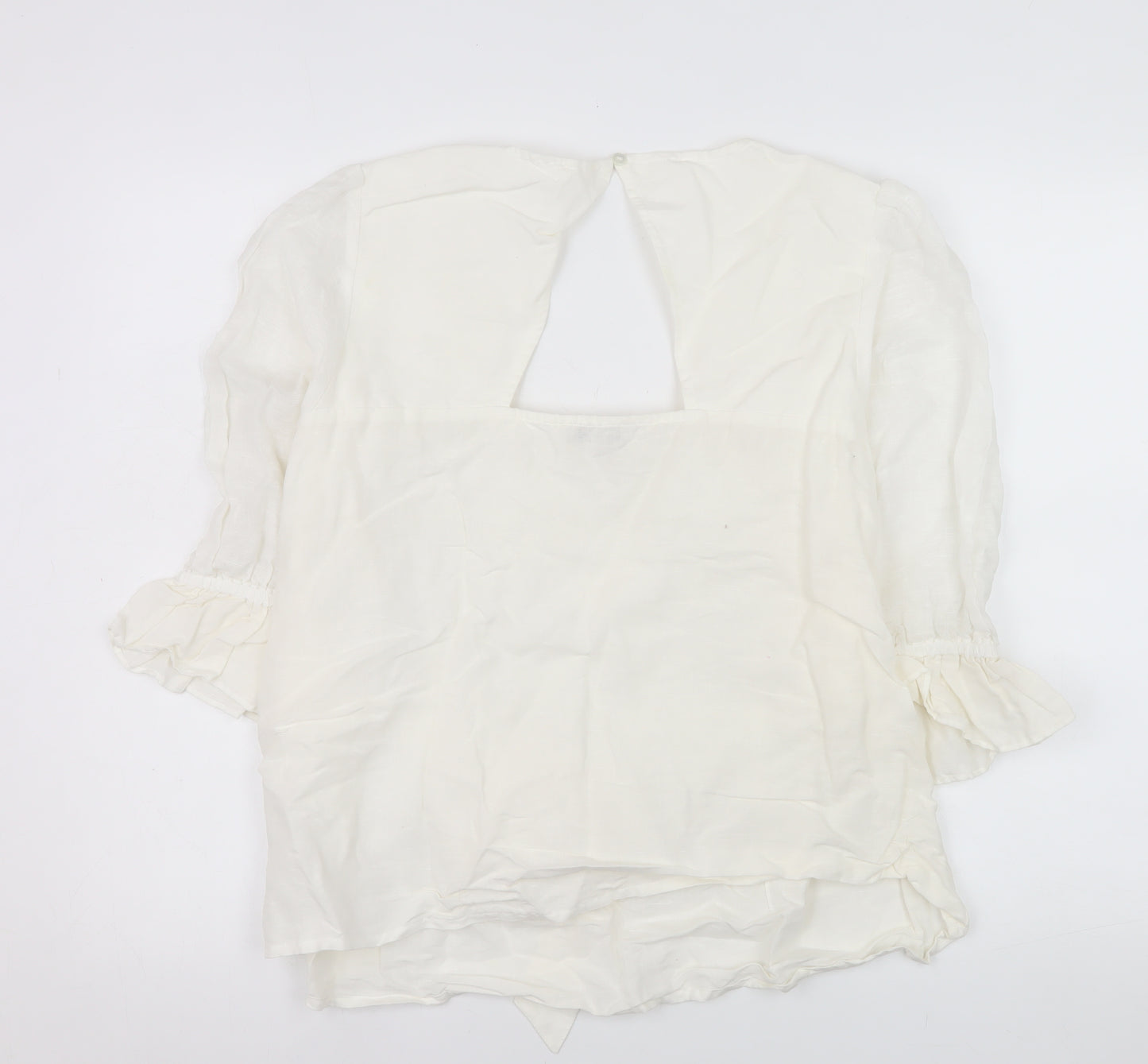 Monsoon Women Ivory Linen Blend Wrap Blouse L 3/4 Sleeve