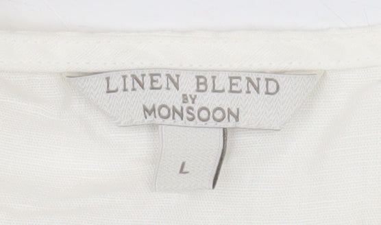 Monsoon Women Ivory Linen Blend Wrap Blouse L 3/4 Sleeve