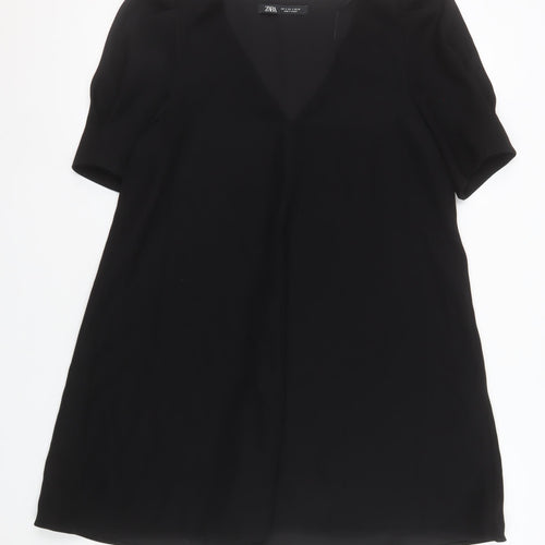 Zara Women Black Short Sleeve V-Neck Shift Dress Size S