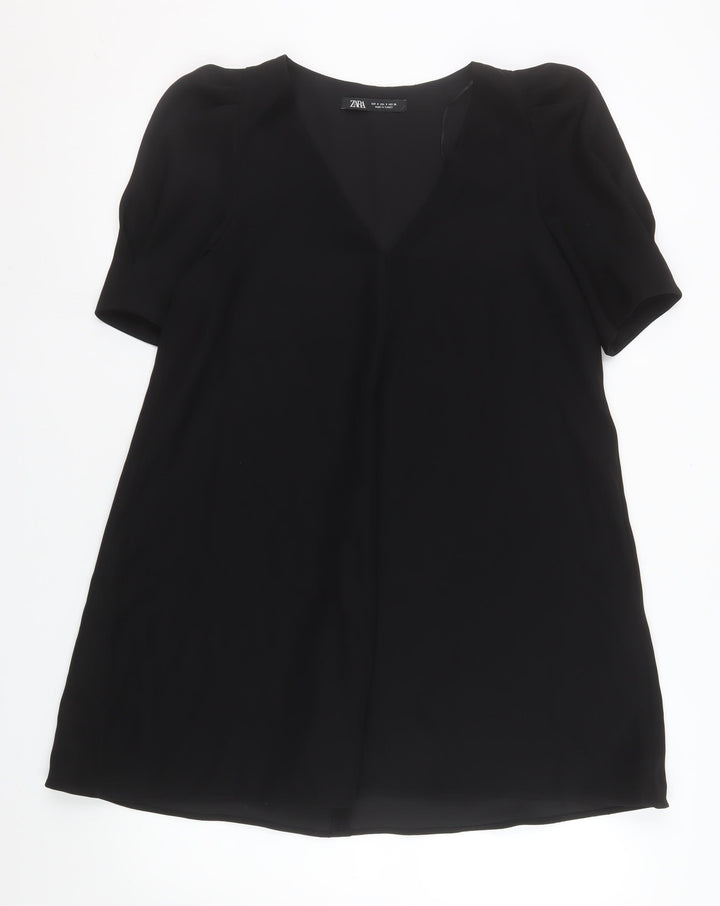 Zara Women Black Short Sleeve V-Neck Shift Dress Size S