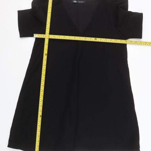 Zara Women Black Short Sleeve V-Neck Shift Dress Size S