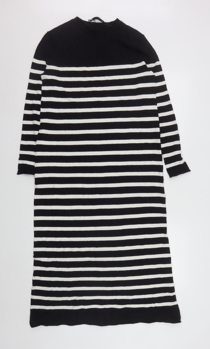 ZARA Women Black White Striped Shift Knit Midi Dress Size S