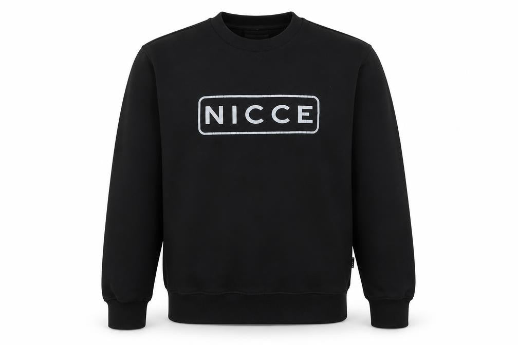 Front view of NICCE Men's Black Small Pullover Crew Neck Logo Sweatshirt