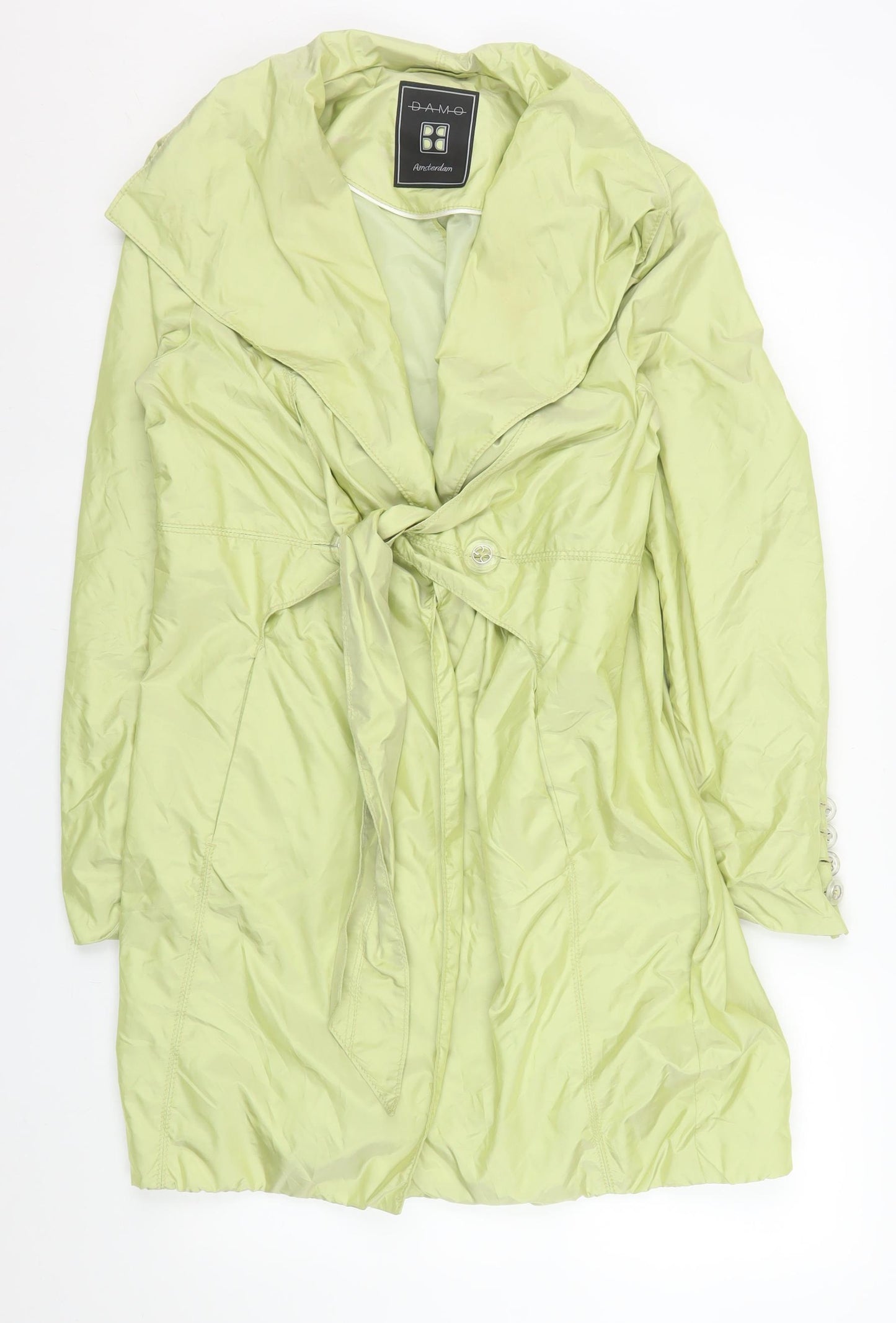 Damo Amsterdam Womens Green Belted Trench Coat Size 14 Lightweight Mid-Length