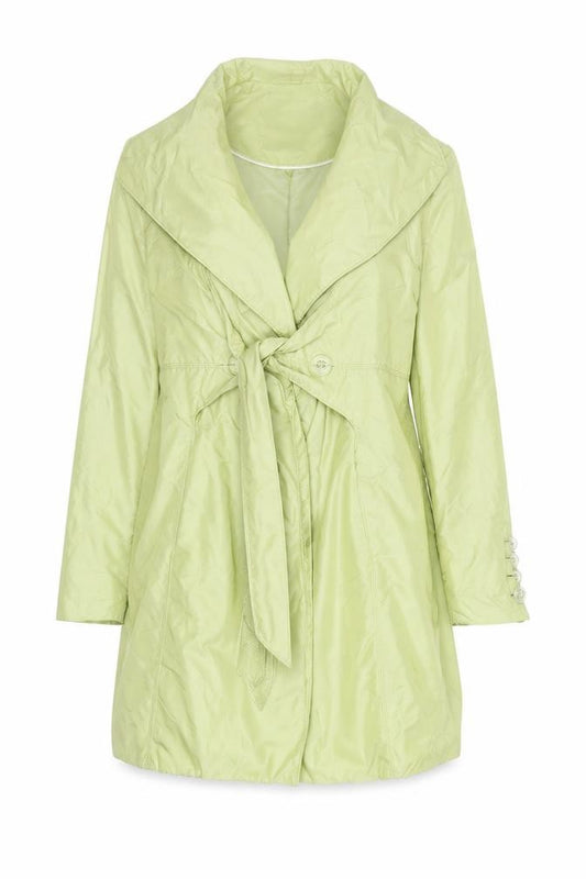 Front view of Damo Amsterdam women’s green belted trench coat, size UK 14, lightweight mid-length