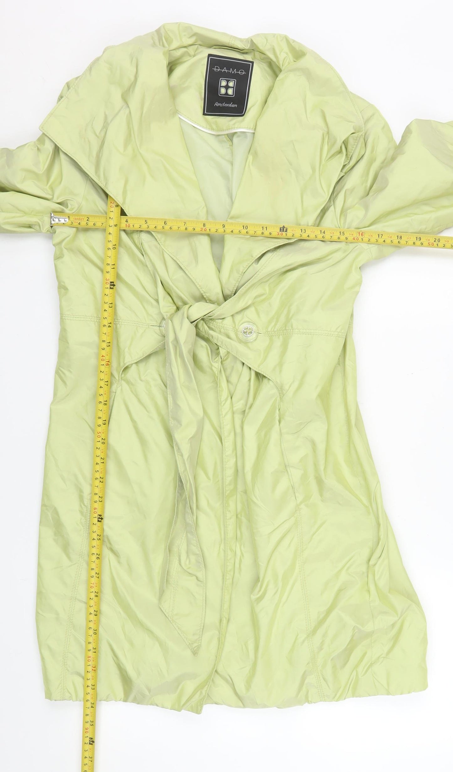 Damo Amsterdam Womens Green Belted Trench Coat Size 14 Lightweight Mid-Length