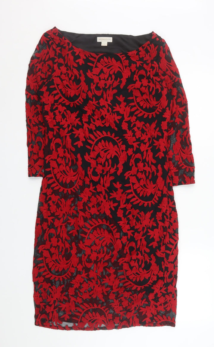 Monsoon Women Red Floral Lace Shift Dress Size 12 Knee Length 3/4 Sleeve