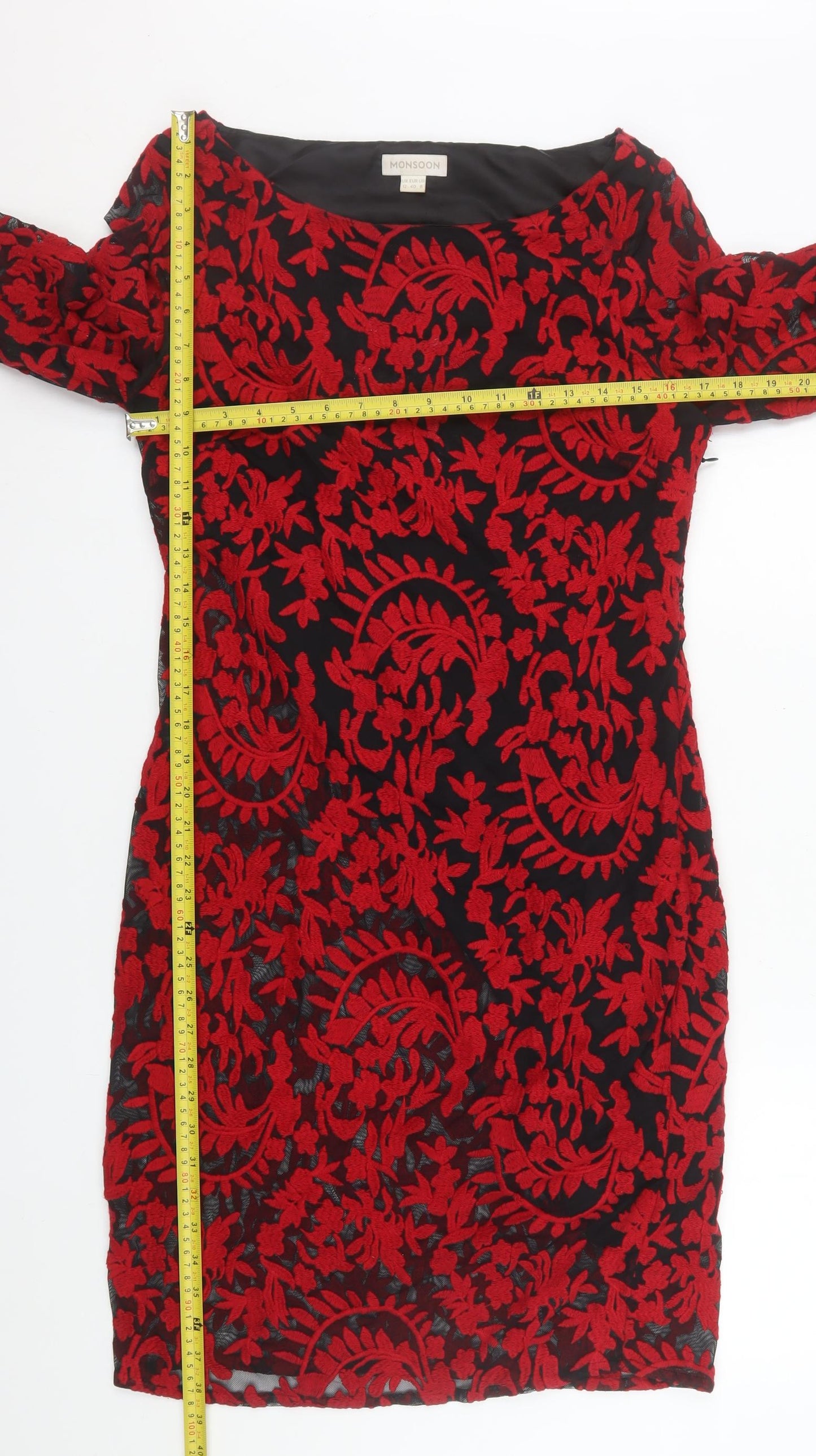 Monsoon Women Red Floral Lace Shift Dress Size 12 Knee Length 3/4 Sleeve