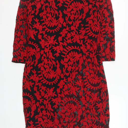 Monsoon Women Red Floral Lace Shift Dress Size 12 Knee Length 3/4 Sleeve